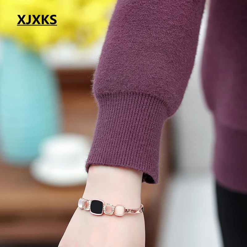 XJXKS Women winter sweater new exquisite embroidery plus size cashmere knit turtleneck sweater women pullover