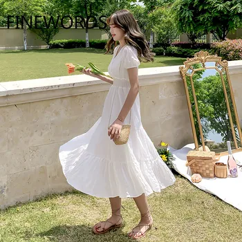 

FINEWORDS Korean Chic White Dress For Women 2020 Summer Chiffon Dress V neck Simple Vintage Basic A Line Party Retro Midi Dress