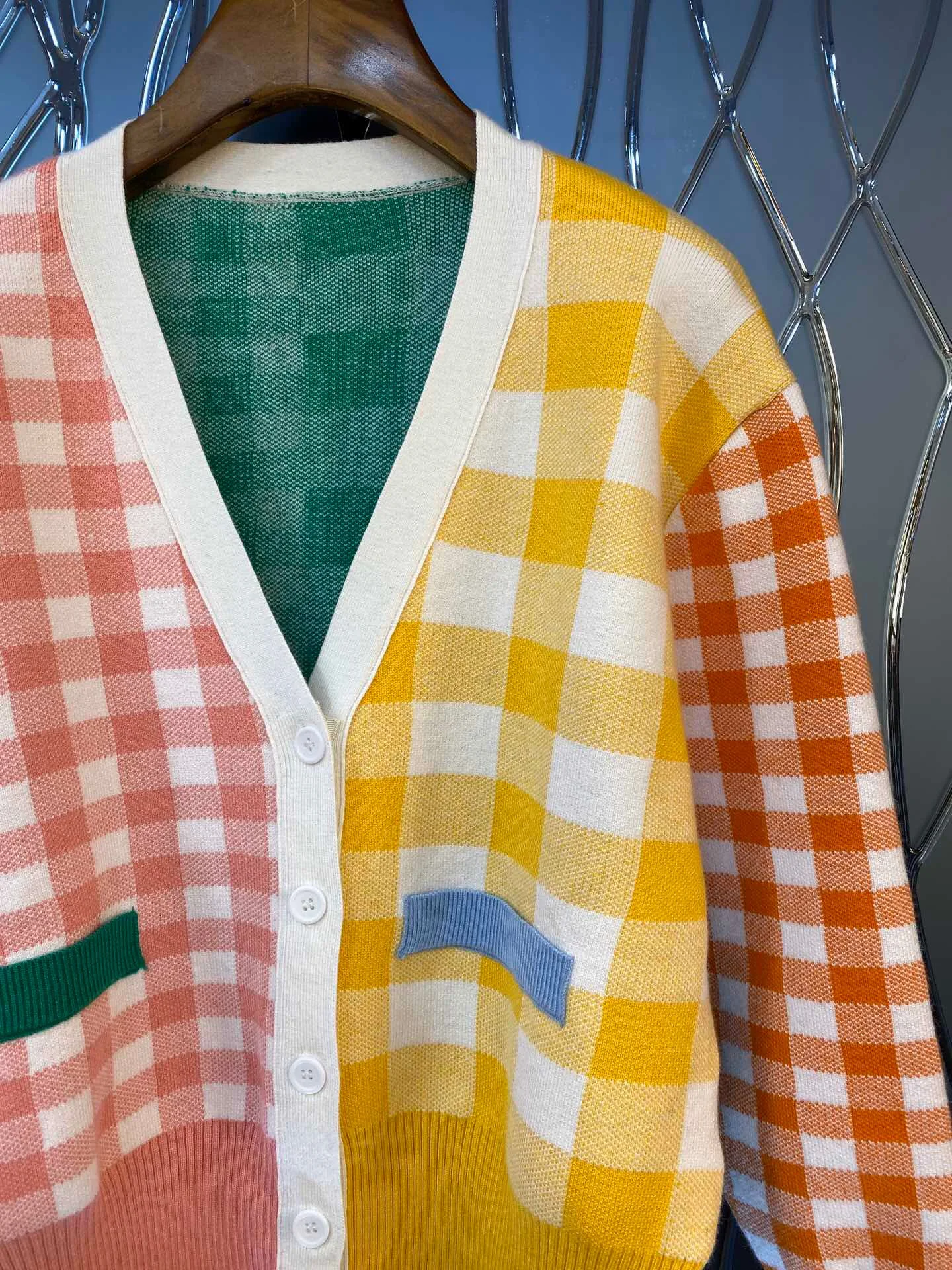 New Casual Colorful Plaid Stitching Women Knit Cardigan Sweater Winter Long Sleeve Free Shipping