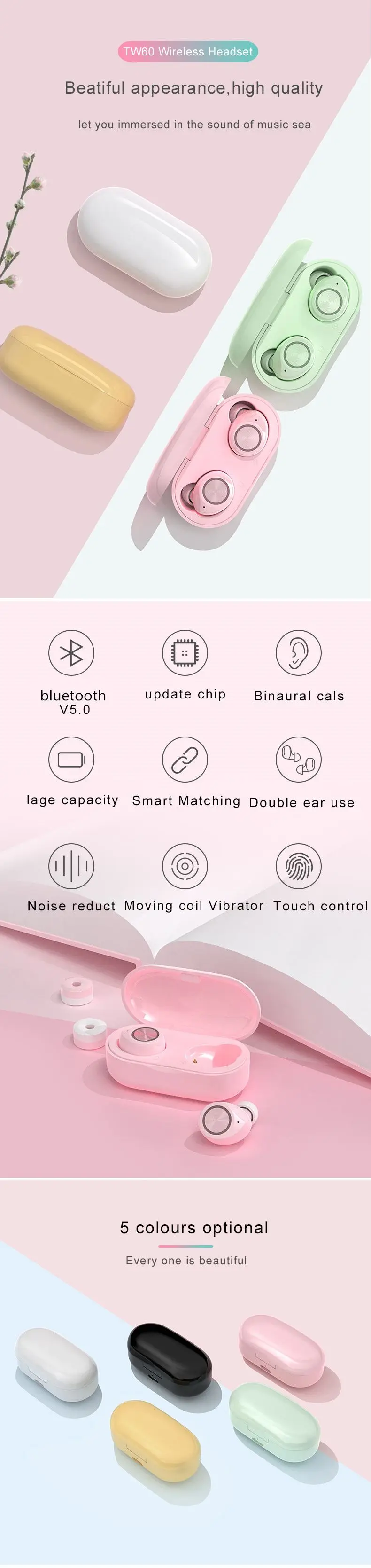 LEORY TW60 TWS беспроводные Bluetooth наушники с сенсорным управлением наушники HiFi стерео музыка Спортивная гарнитура с микрофоном зарядная коробка