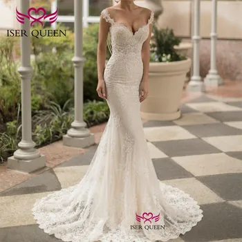 

Cap Sleeves Embroidery and Appliques Pearls Mermaid Wedding Dresses Sexy Illusion Backless Ivory 2020 Robe De Mariee Bride W0641