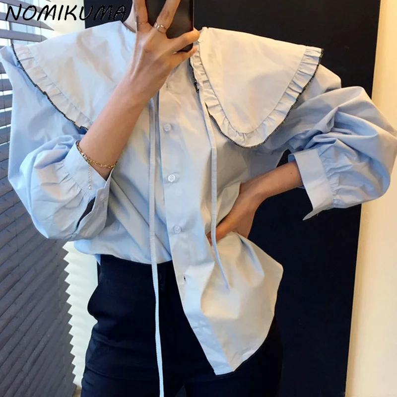 Nomikuma Ruffle Turn down Collar Women Blouses Causal Korean Puff ...