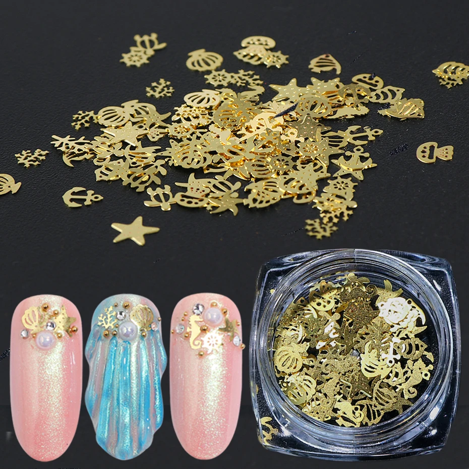 

1Box Hollow 3D Gold Nail Glitter Sequins Sea Shell Metal Nail Designs Summer Slice Nail Art Flakes Manicure Decors Tips LA970-A