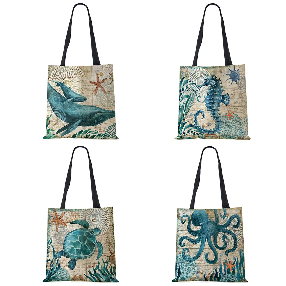 Customize Tote Bag Seahorse Turtle Octopus Print Traveling Shoulder Bags Eco Linen Shopping Bags For Women With Print