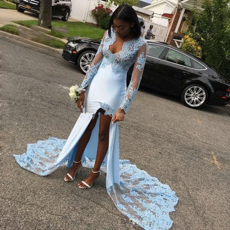

Light sky Blue Mermaid Evening Dresses With Long Sleeves Lace Appliqued Custom Made Special Occasion Dresses 2020 Cheap