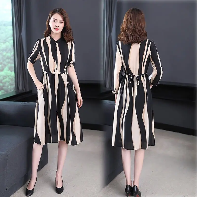 

2019 Summer Elegant Korean-style Stripes Elegant Versatile Mid-length Waist Hugging Dress