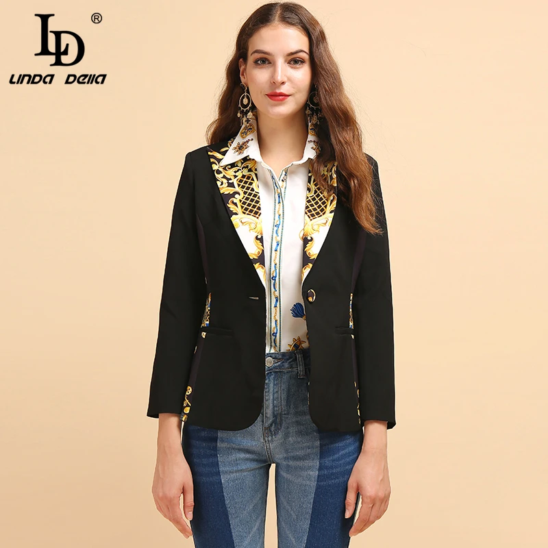 

LD LINDA DELLA Fashion Runway Autumn Office Lady Blazer Women's Long Sleeve Printed Button Elegant Casual Black Coats Tops