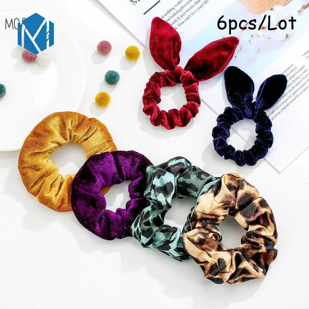 

INS 1pc Velvet Scrunchy For Women/Girls Leopard Rubber Bands Rabbit Ears Bezel Hair Tie Bow Ponytail Holders Hair Accessories