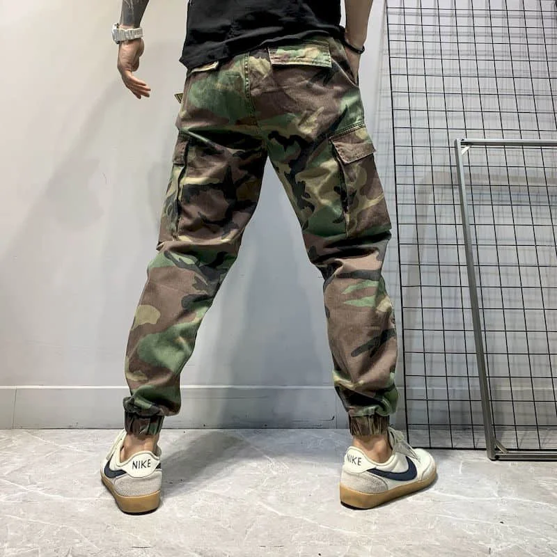 2021 autumn and winter new American retro camouflage overalls men\'s trousers big pockets leggings elastic waist Hong Kong style