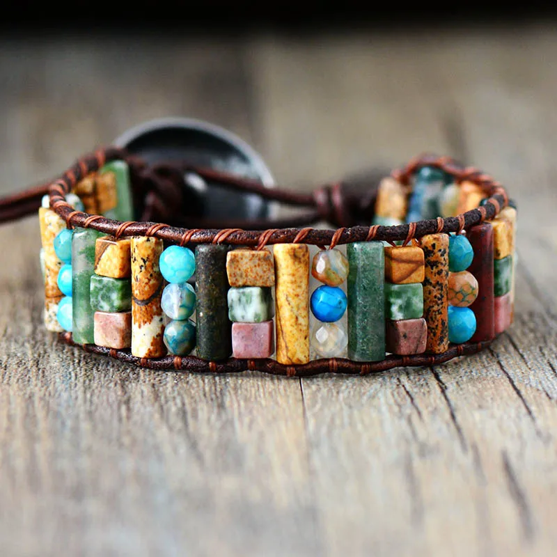 Tube Shape Natural Stones Single Leather Wrap Bracelet Semi Precious Stone Beaded Cuff Bracelet Women Boho Bracelet Dropshpip