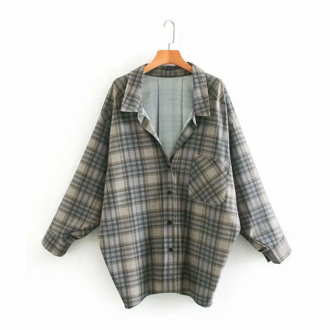 

2021 Fashion Za Women Shirts Casual Plaid Print V-Neck Loose Shirts Long Sleeve Elegant Turn Down Collar Blouse Mujer Tops