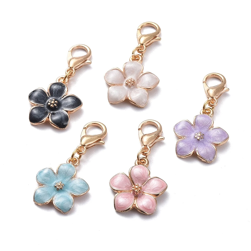 100Pcs Gold Plated Metal Enamel Flower Pendants Charms With Lobster Clasp For Keychain Necklace Earring Dangle Jewelry Making