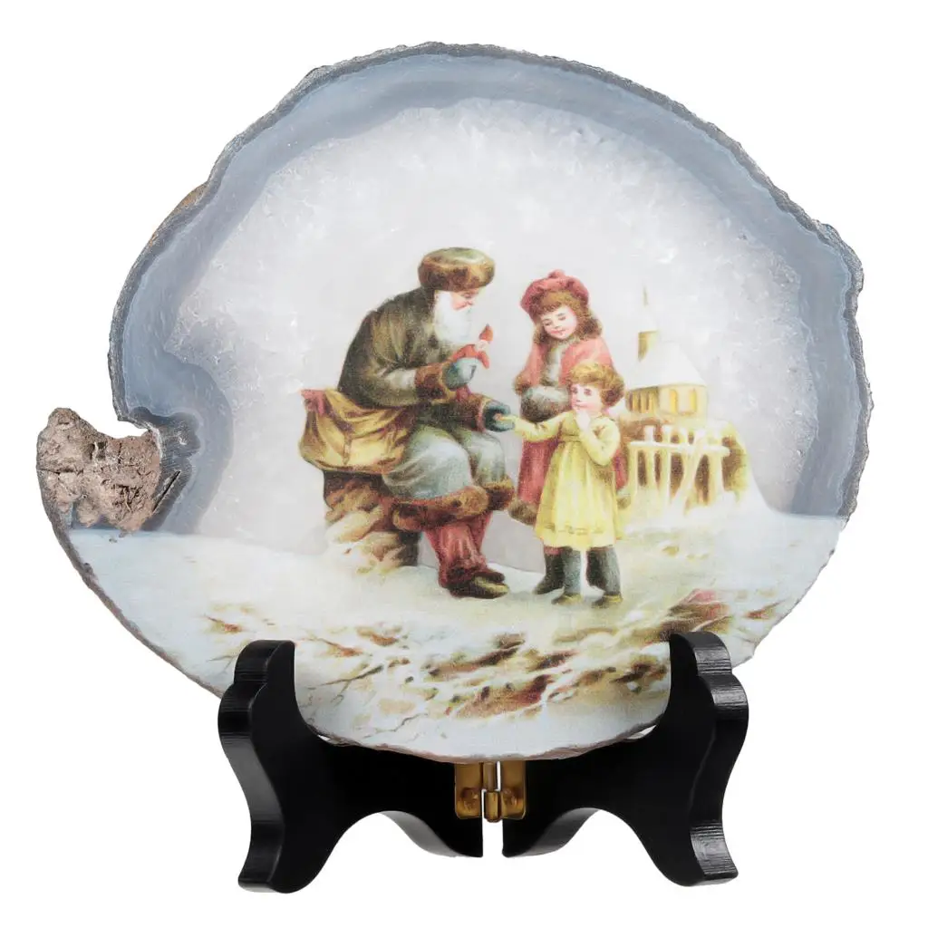 TUMBEELLUWA Fairy Tale Snow Scene Natural Irregular Agate Slices Ornaments With Wooden Stand Christmas Gift  Home Decoration