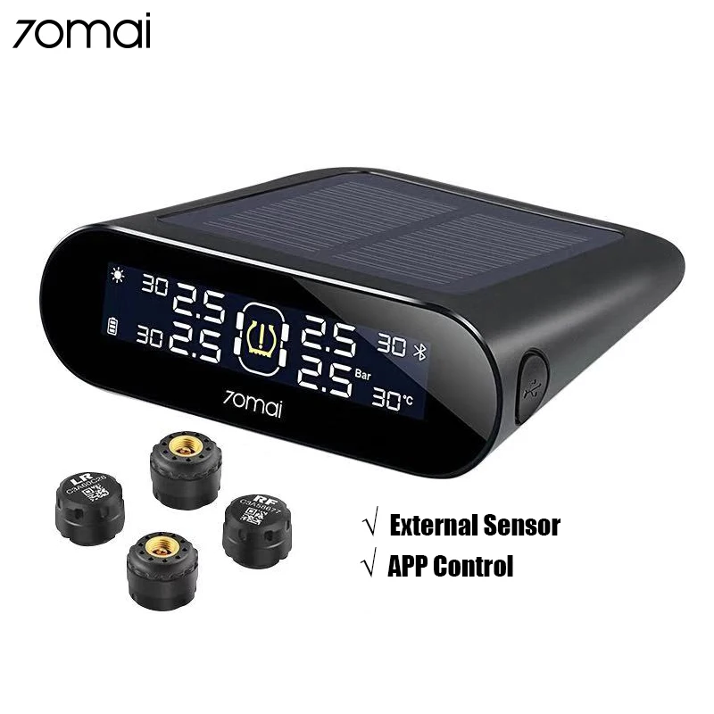 External Sensor 70mai Tire Pressure Monitoring System Lite APP Control Solar Power USB TPMS Lite 70