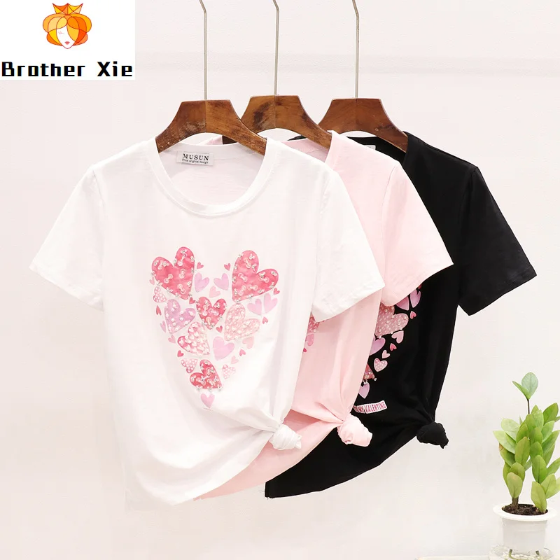 

Short Sleebe T Shirt Girls Ladies 2020 Spring and Summer New Beads Sequin Heart Printing T-shirt Women's Loose-Fit Tops Tees