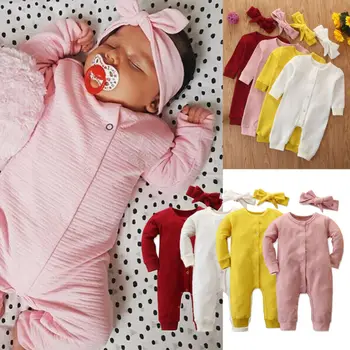 

Newborn Baby Romper Girl Boy Cotton Soft Knitted Rompers Long Sleeve Jumpsuit + Headband Outfits Easy to Change Diapers 3-24M