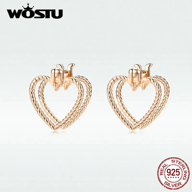 WOSTU, 925 пробы, серебряные, трехмерные серьги-гвоздики в форме сердца, циркон, розовое золото, свадебные серьги для женщин, 925, ювелирное изделие, DXE696