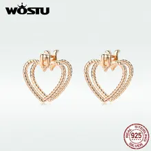 WOSTU, 925 пробы, серебряные, трехмерные серьги-гвоздики в форме сердца, циркон, розовое золото, свадебные серьги для женщин, 925, ювелирное изделие, DXE696