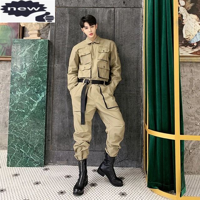 Tuta intera da uomo in stile militare di moda tuta Multi tasche verde  militare con cintura pantaloni Cargo larghi Hip-Hop Casual - AliExpress