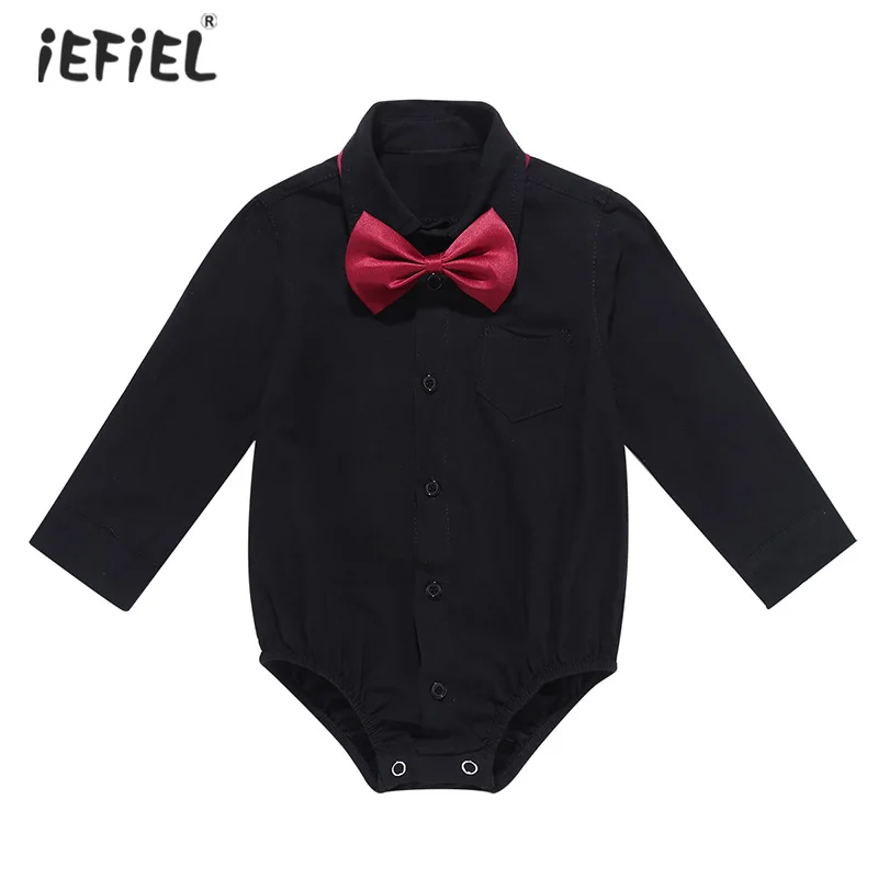 iEFiEL Infant Baby Boys Gentleman Outfits Bowtie Shirt Romper Long Sleeves Bodysuit Wedding Party Formal Dress 