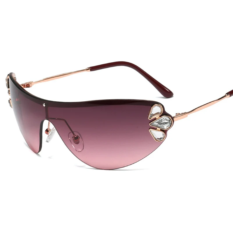 Роскошные Алмазные кошачьи глаза солнцезащитные очки для женщин без оправы цельные женские и мужские очки солнцезащитные очки модная металлическая со стразами очки UV400 - Цвет линз: 4 purple red