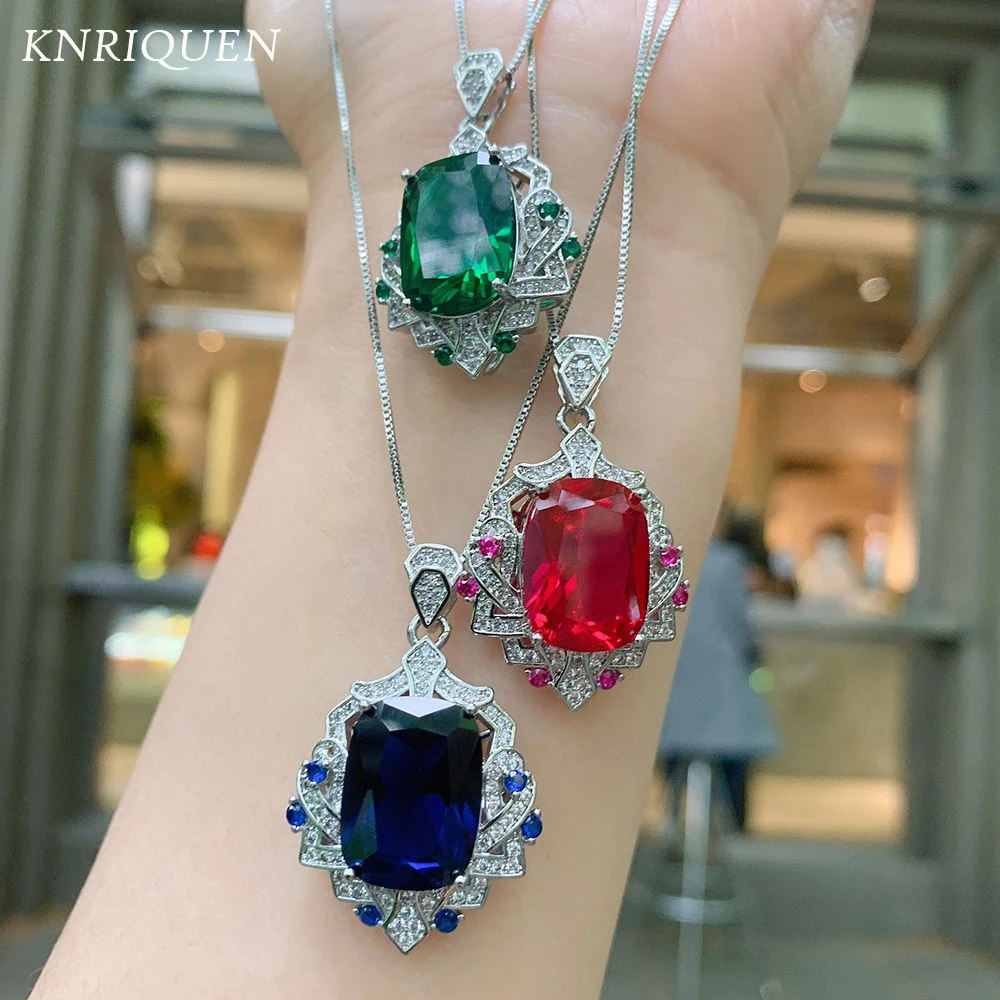 

Vintage 12*16MM Created Sapphire Tanzanite Emerald Ruby Pedant Necklace Luxury Lab Gemstone Party Fine Jewelry Gift for Women