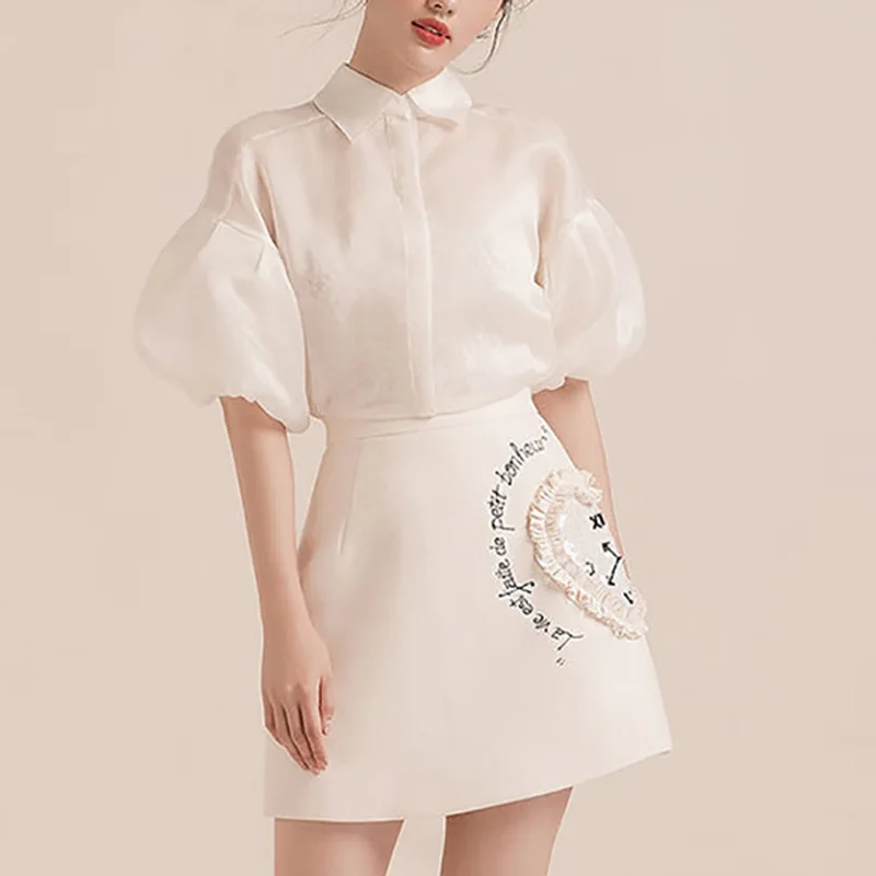 

2020 New Arrival Fashion French Style Summer See Through Sheer Mesh Blouse Short Sleeve And Mini Skirt Suits 2 Two Piece Sets