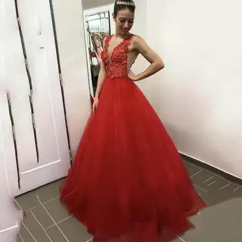 

V neck Open Back Red Tulle Prom Dress With Appliques Lace 3D Flowers Beading Floor Length Prom Dresses Formal Evening Dresses