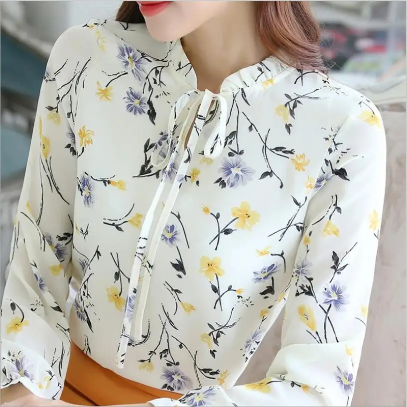Fanco Blusas Femininas, модные цветочные топы и блузки, осенние женские рубашки с длинным рукавом, шифоновые женские блузки с принтом - Цвет: Бежевый
