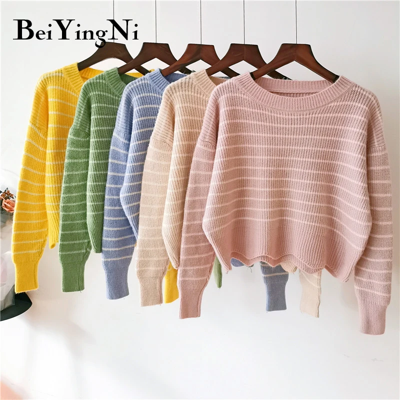 Beiyingni 2019 розовый милый женский свитер в полоску Ulzzang короткий вязаный круглый