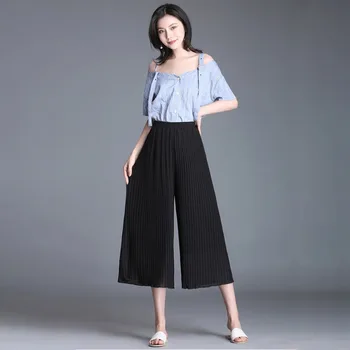 

8 Colors Loose Wide Leg Pants Ankle Length Pants Chiffon Cotton Casual Cropped Trouser Fashion Women Pleated Trousers 2019