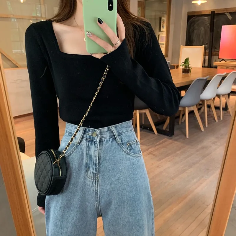 

I Love Square Neck Design Sweater Women Knitted Jumper Slim Fit Pullover Pull Femme Jersey Mujer Candy Color