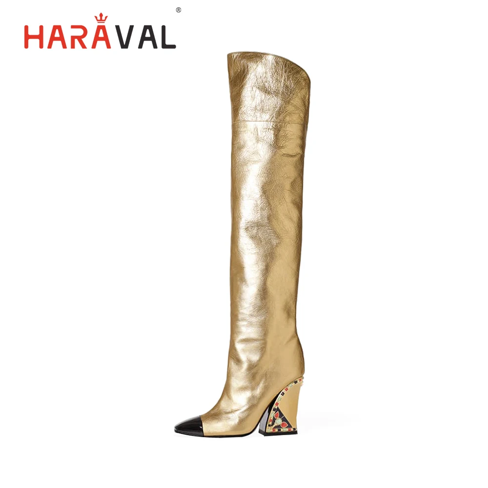 

HARAVAL Luxury Woman Winter Knee-high Boot High Quality Leather Sexy Pointed Toe Super High Square Heel Casual Shoes Solid Golden Elegant Handmade Woman Slip-on Warm Soft Party Queen Adult Casual Retro Lady Long Boots