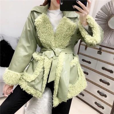green Высококачественная зимняя женская куртка из овечьей шерсти с ремнем, Куртки из искусственной кожи, Свободное пальто из искусственной кожи, женское повседневное пальто - Цвет: green