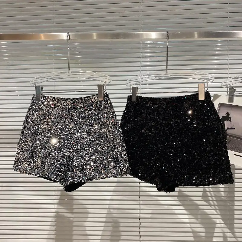 Whole Body Sequins Shorts Women 2021 Autumn New Shiny Zipper Nightclub Short Femme Slim Fit Sliver Black