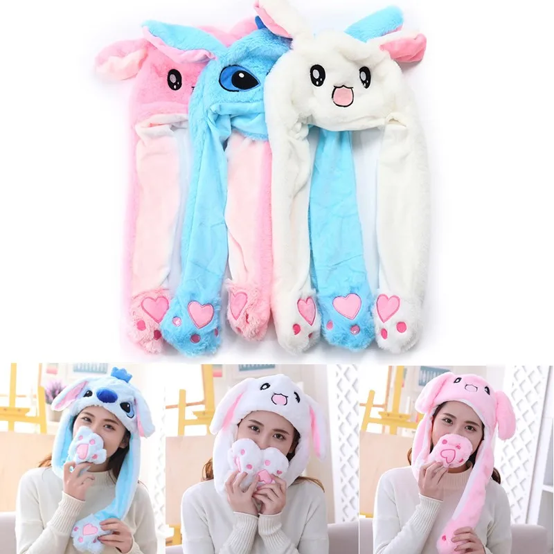 Gorro con orejas móviles de conejo para niñas, gorra de juguete suave y divertida, juguete de felpa