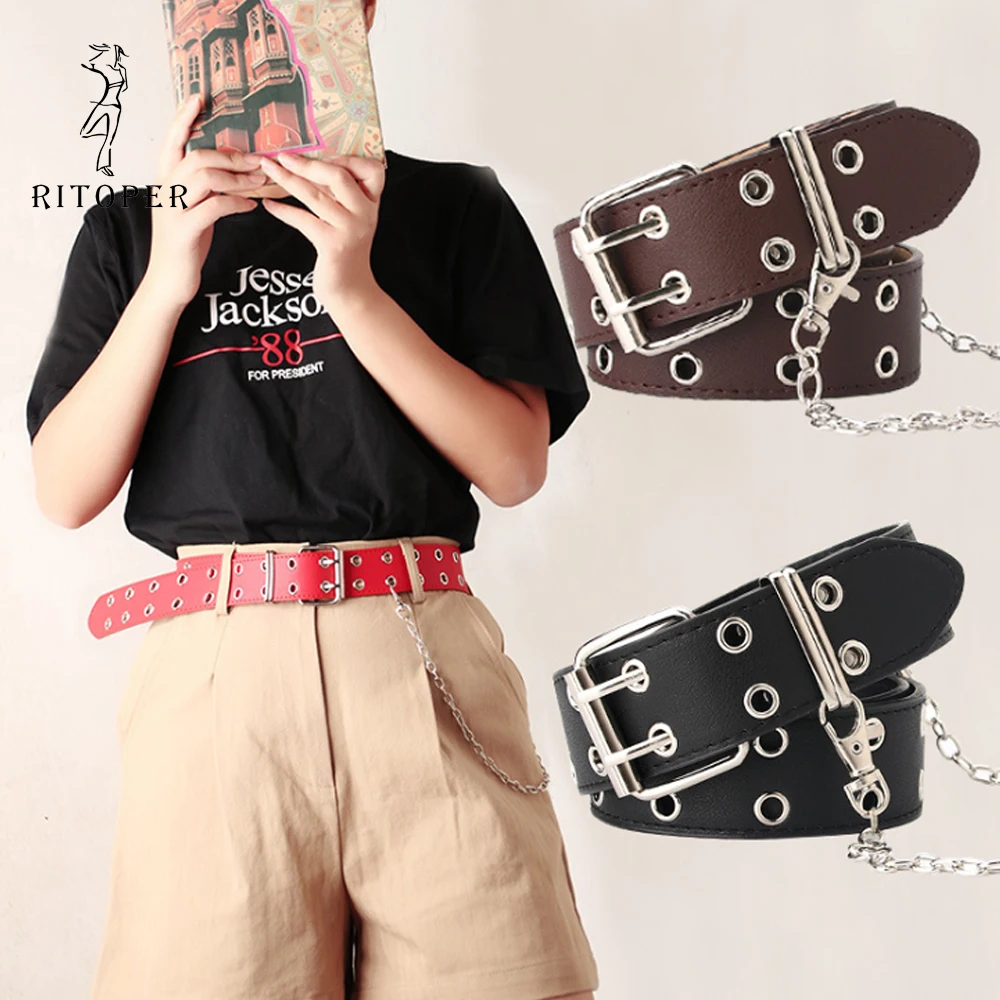 

Punk Belts for Women With Chain Solid Double Hole Chain Waistband Belt Chic Fancy Strap for Jeans Dress Skirt