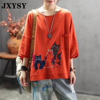 

JXYSY T-Shirt Women Clothes 2020 Vintage Literature Art Embroidery Patchwork O-Neck Cartoon Cat Loose T-shirt Female Tops