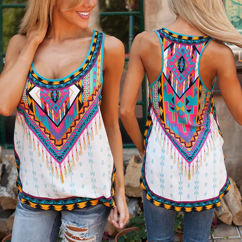 

New Fashion Summer Boho Women Loose Floral Vest Sleeveless Beach Blouse Tank Tops T-Shirt Casual Summer Beach K-BEST