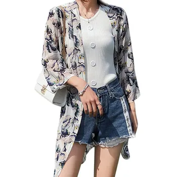 

Women's Blouse Mid-Length Chiffon Print Sun Protection Clothing Seven-Point Sleeve Holiday College Lotus Leaf Cardigan.w