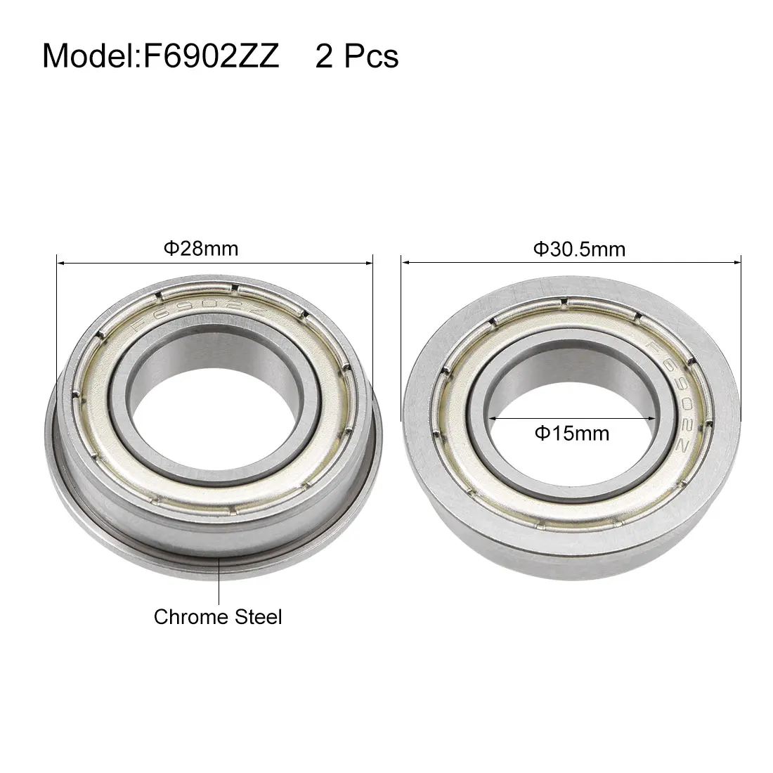 uxcell F6902ZZ Flange Ball Bearing 15x28x7mm Shielded Chrome Bearings 2pcs