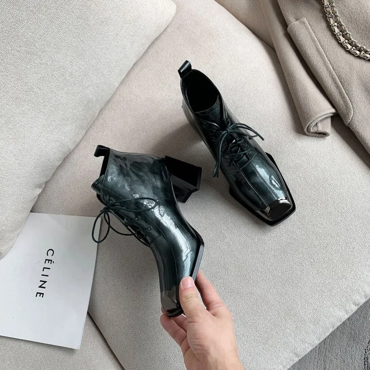

MLJUESE 2020 women ankle boots Cow leather winter short plush lace up blue color square toe high heels female boots party