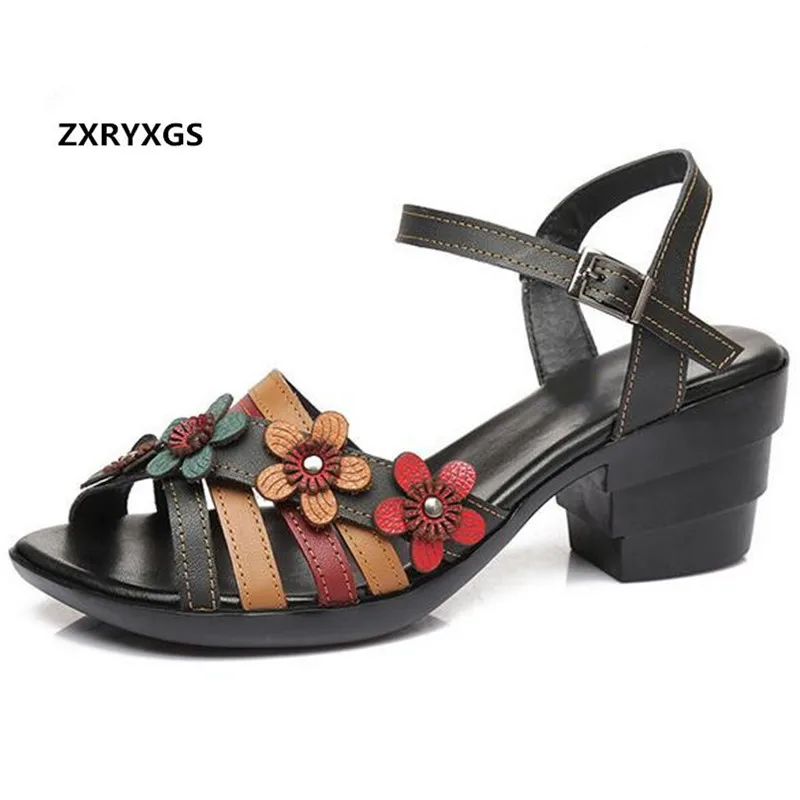 

New Mixed Colors Top Cowhide Flower Summer Shoes Woman Fashion Sandals Retro Classic Genuine Leather Sandals Women Shoes Sandals