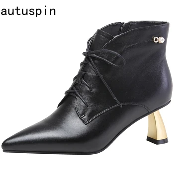 

Autuspin Winter Women Chelsea Boots 2021 Newest Genuine Leather Pointed Toe High Heels for Female Office Lady Party Dress Shoes