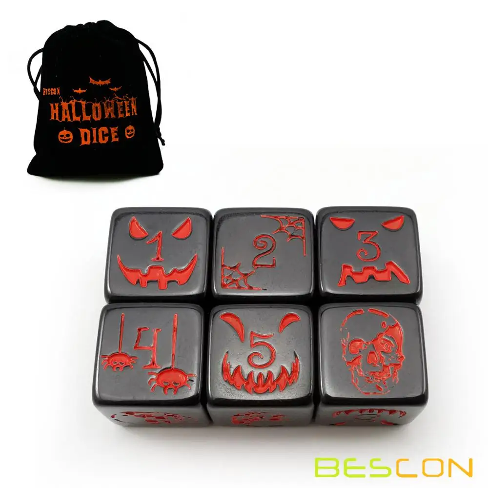 Set of 6 Bescon Halloween Dice 6 Sides in Solid Black, 6 Sided Halloween Dice Set in Velvet Pouch 3