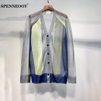 

SPENNEOOY Designer Custom Runway Spring Women Vintage V-Neck Shirt Tops Ladies Long Sleeve Colorblock Knitting Blouse 2020