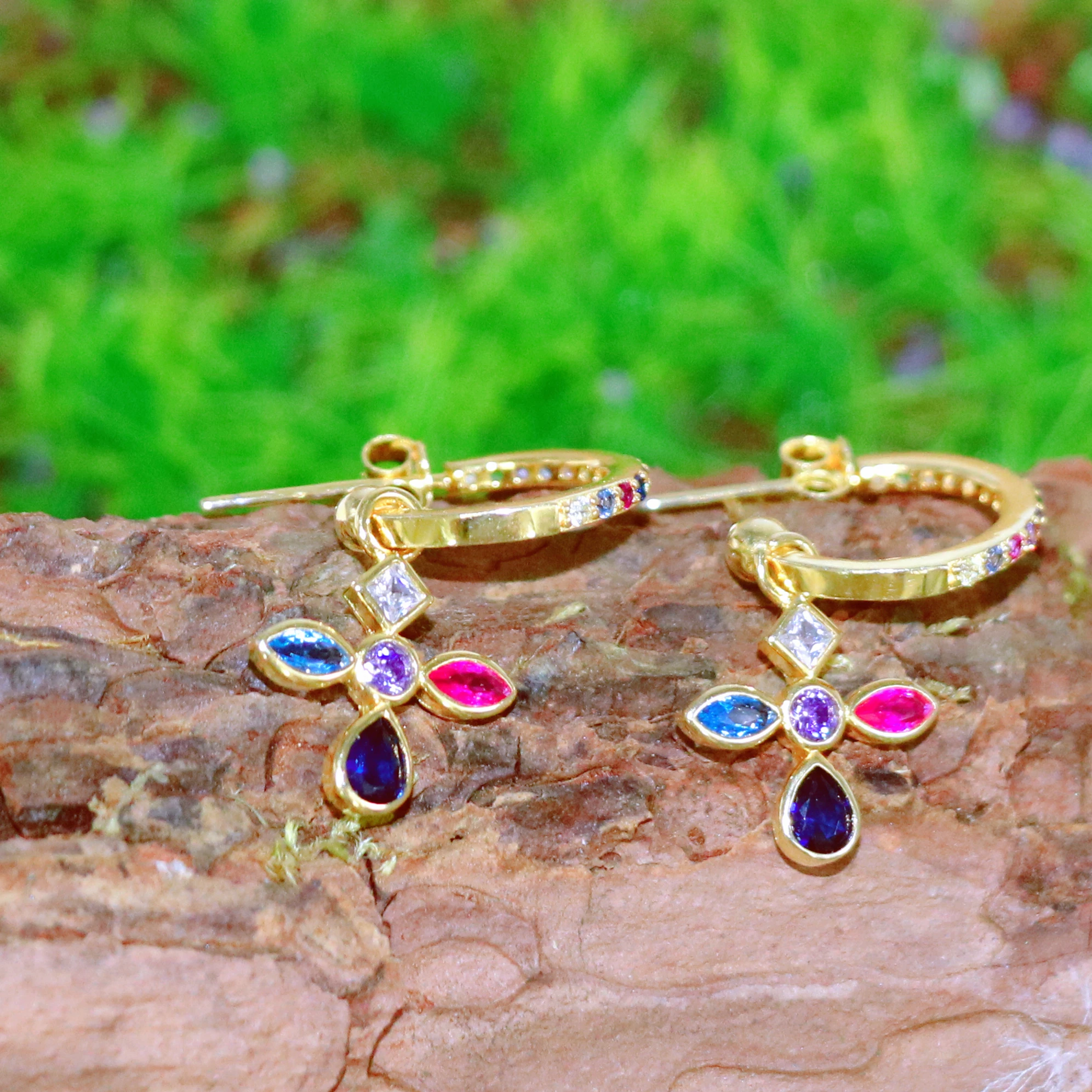925 Sterling Silver C Shape Circle Rainbow Crystal Dangle Earring Gold Cross Zircon Long Drop Women Jewelry | Украшения и