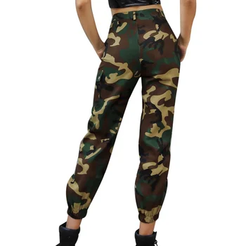 

Women Pants Camouflage Beam Overalls Cargo Pants High Waist Multi-pocket Loose Zipper Pants Feme