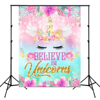 

Unicorn Birthday Backdrop Purple Pink Floral Unicorn Photo Background Vinyl Unicorn Theme glitter Angel Wings Backdrops SM-306