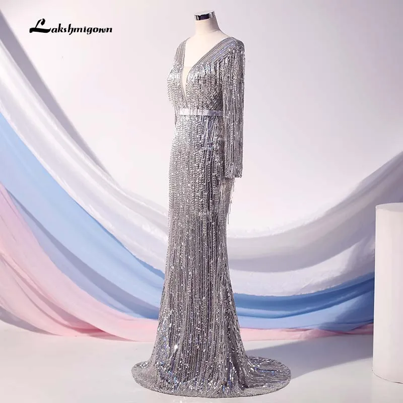 Lakshmigown Серебристые вечерние платья с блестками Длинные блестящие бисерные Длинные рукава Русалка Женские вечерние платья торжественное платье vestidos largos